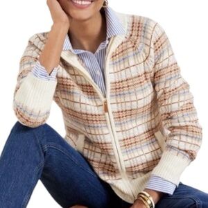 Talbots Raglan Sweater Jacket in Cider Plaid Wool Blend Leather Pull Tab